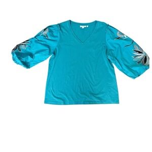 Chicos Large (2) teal Blue Embroidered Lantern Sleeve Boho Peasant Artsy top